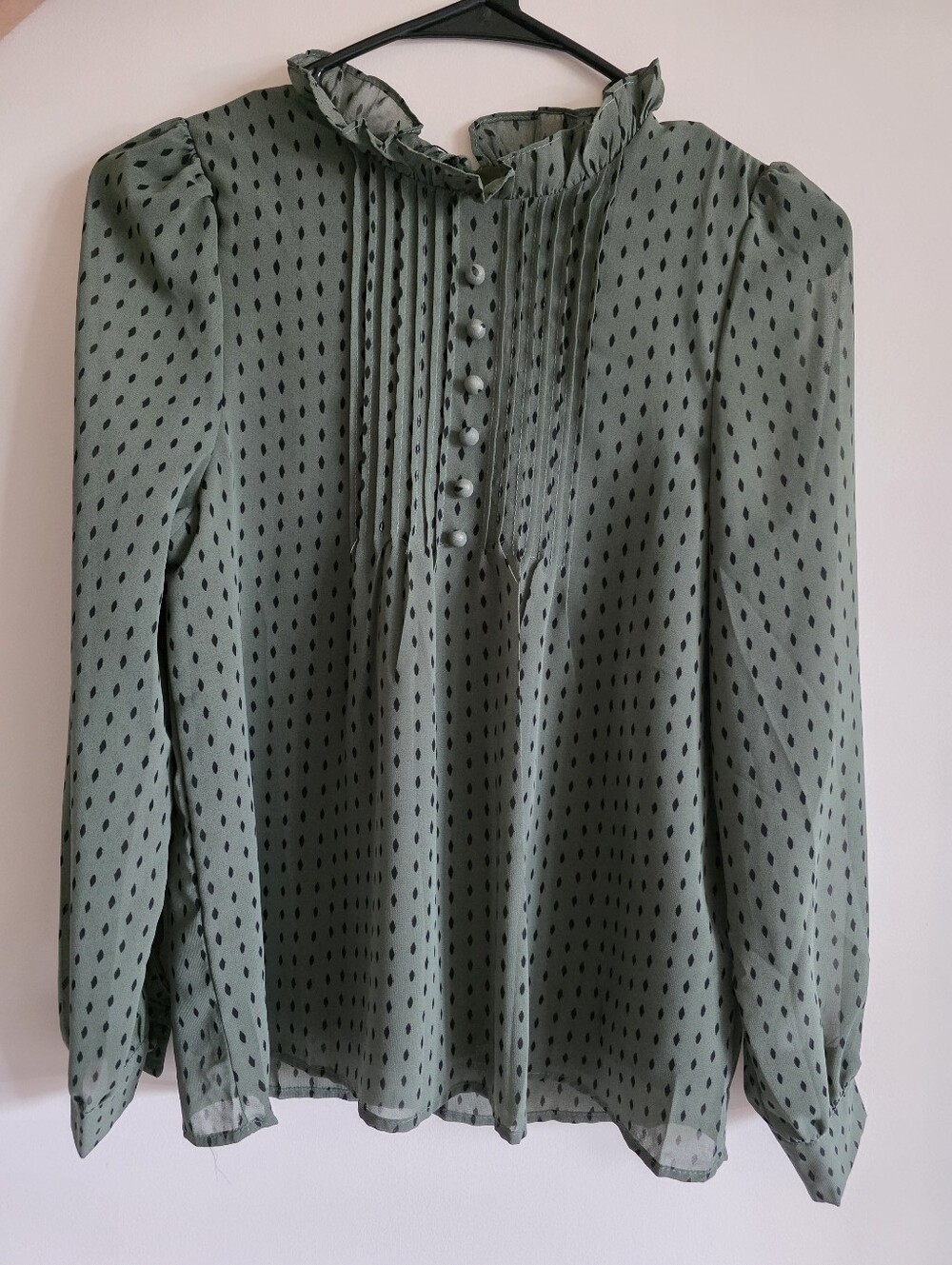 Women's Olive Green Polka Dot Ruffle Neck Blouse